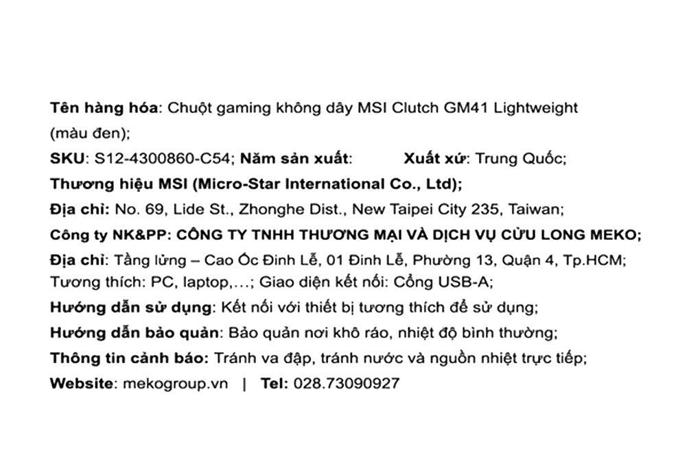 Chuột sạc Không dây Gaming MSI Clutch GM41 Lightweight Màu Đen