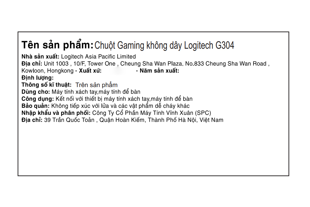 Chuột Không dây Gaming Logitech G304 Màu Đen