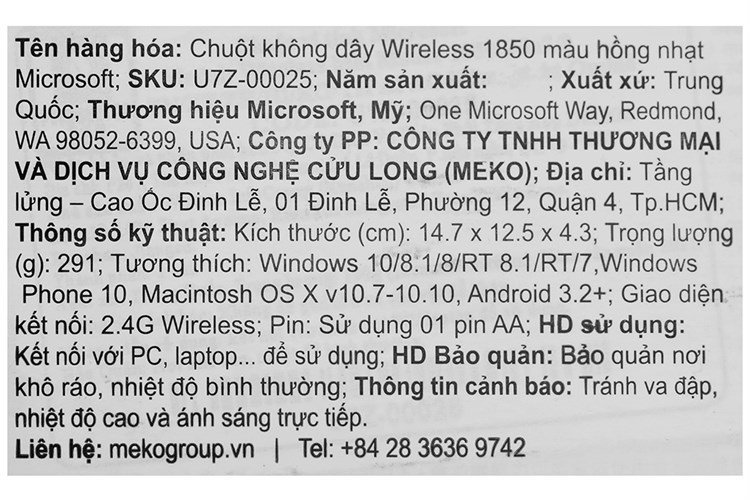 Chuột Không dây Microsoft 1850 Màu Hồng nhạt