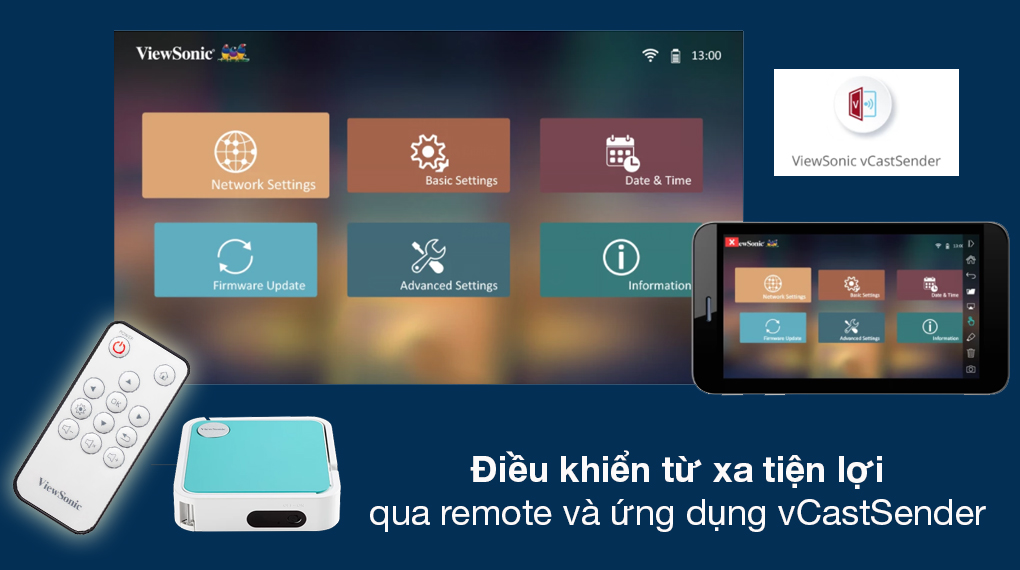 Máy chiếu Viewsonic M1 Mini Plus - Điều khiển linh hoạt thông qua ứng dụng vCastSender, remote 