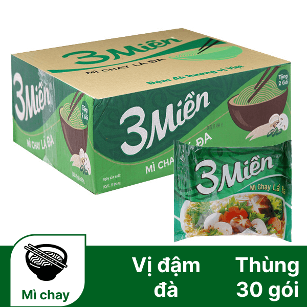 Thùng 30 gói mì chay lá đa 3 Miền 65g