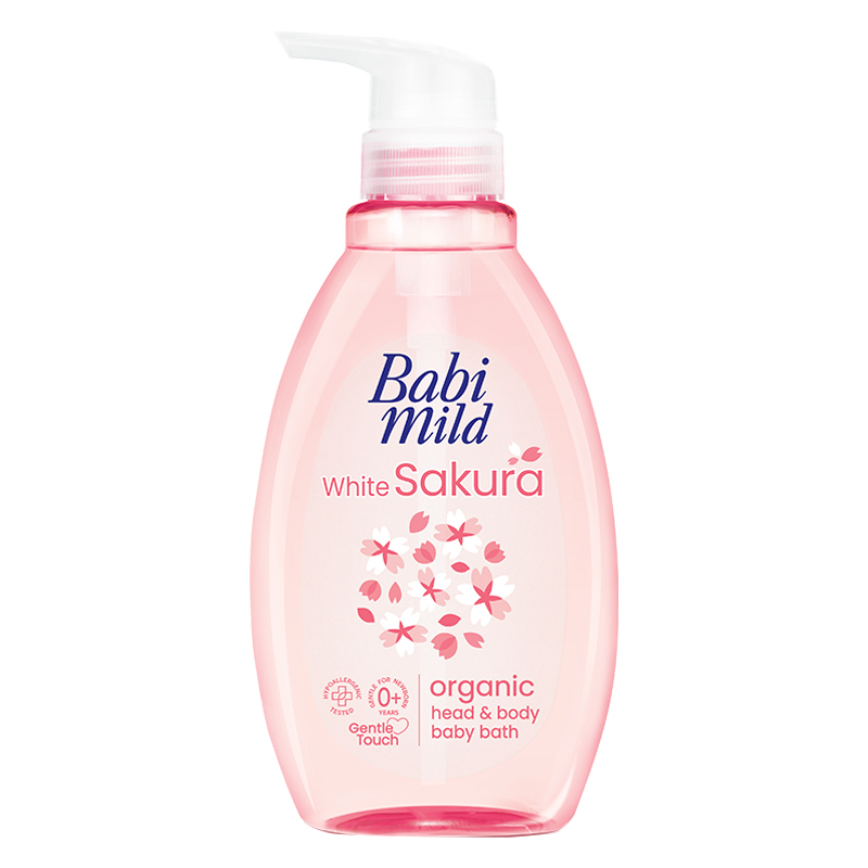 Sữa tắm & gội 2in1 cho bé Babi Mild White Sakura chiết xuất lá anh đào 380 ml (mọi độ tuổi)
