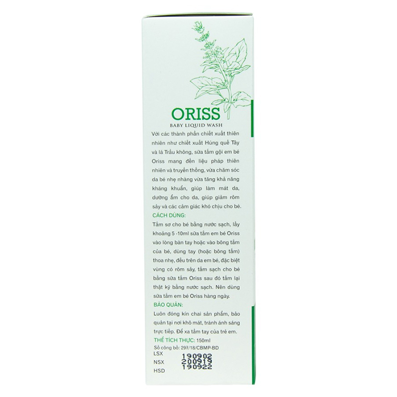 Sữa tắm & gội rôm sảy 2in1 cho bé Oriss chiết xuất lá trầu và húng quế 150 ml (0 - 6 tuổi) 2