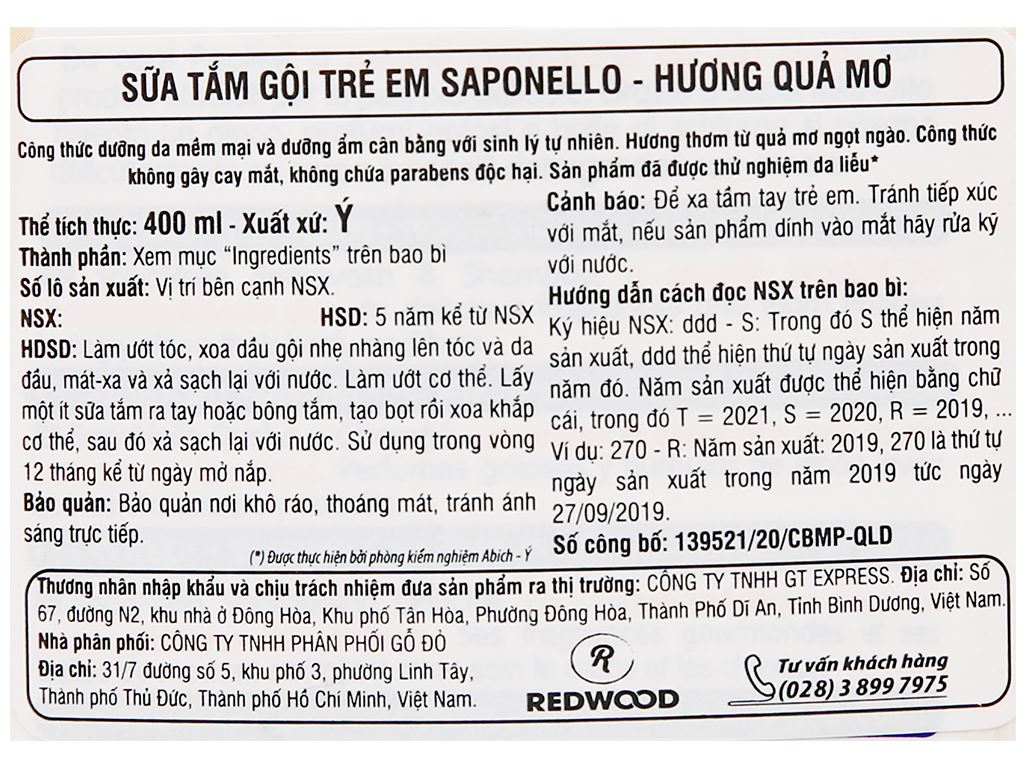 Sữa tắm gội SapoNello trẻ em hương quả mơ 400ml 4