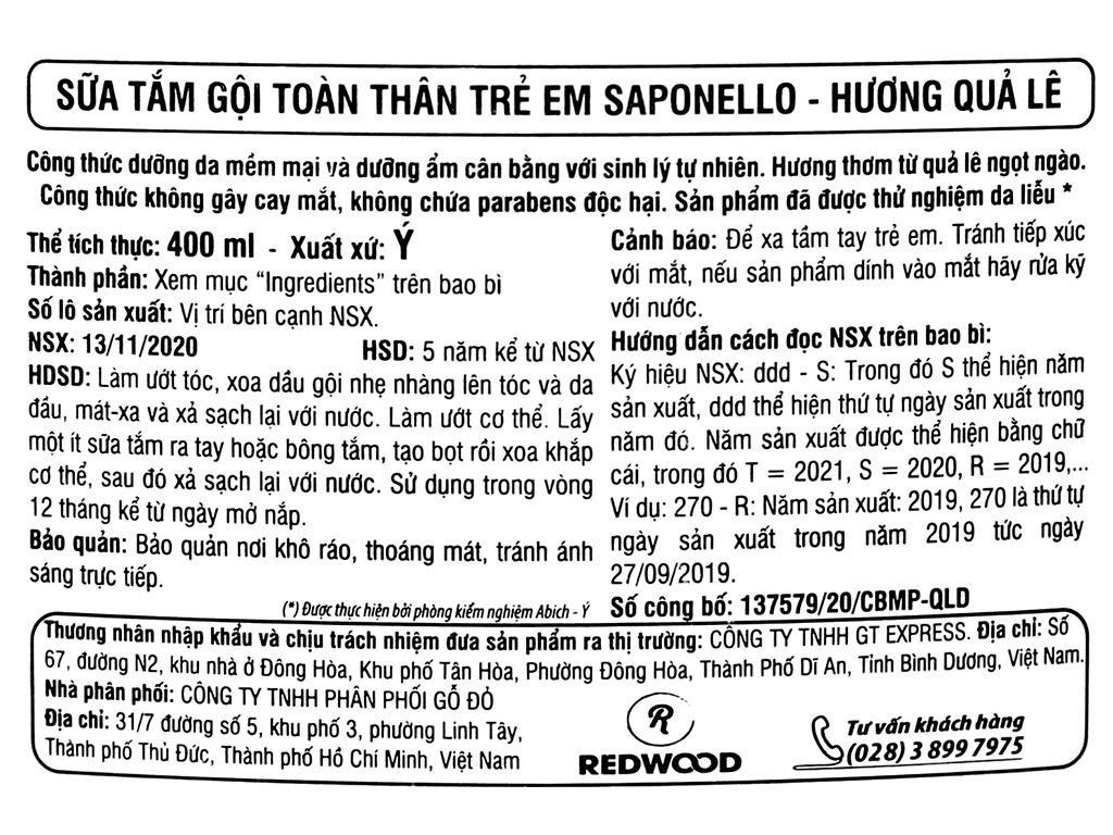 Sữa tắm gội SapoNello trẻ em hương quả lê 400ml 4