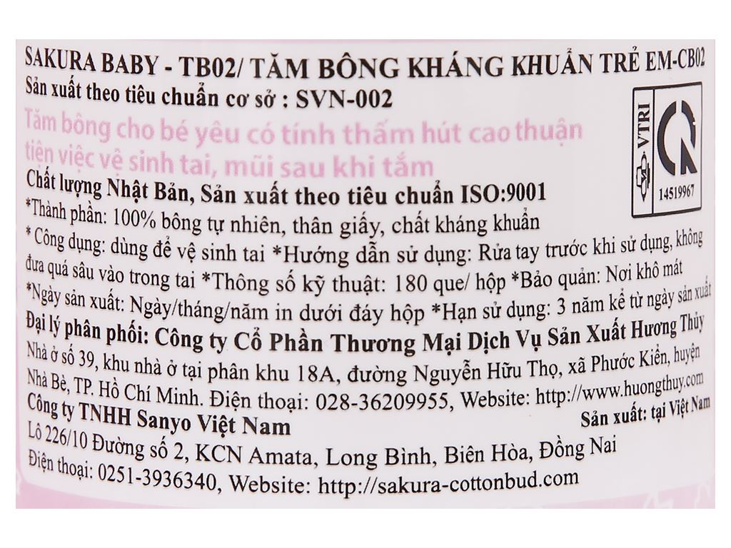 Tăm bông kháng khuẩn SAKURA đầu tròn hộp 180 cây 3