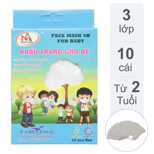 Khẩu trang trẻ em Famapro 5D quai chun 3 lớp hộp 10 cái màu trắng