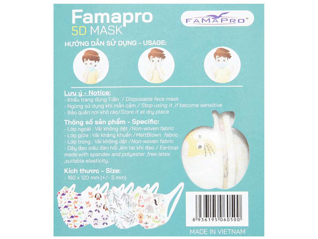 Khẩu trang trẻ em Famapro 5D quai vải 3 lớp hộp 10 cái hình mèo 4
