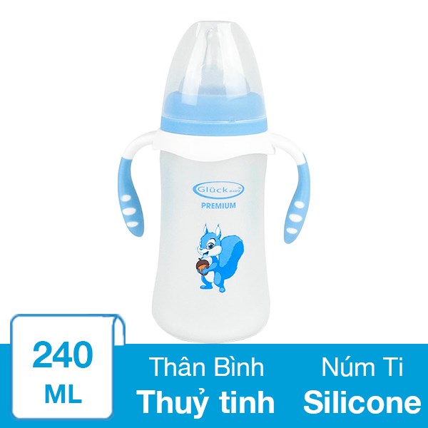 Bình Sữa Thủy Tinh Bọc Silicone Gluck Baby Gs240 Cổ Rộng 240 Ml - Màu Xanh (Từ 3 Tháng)