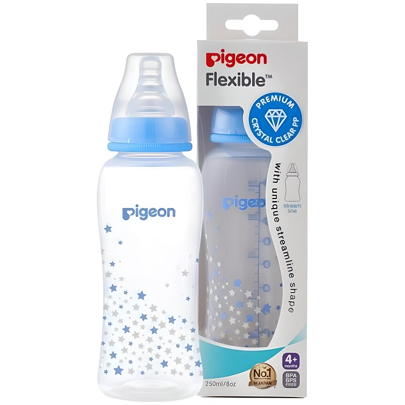 Bình sữa nhựa PP Pigeon Streamline cổ hẹp 250 ml - Màu xanh (từ 4 tháng)