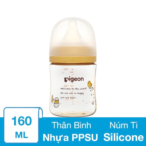 Bình sữa nhựa PPSU Pigeon Plus WN3 cổ rộng 160 ml – Hình gà con (0 – 3 tháng)