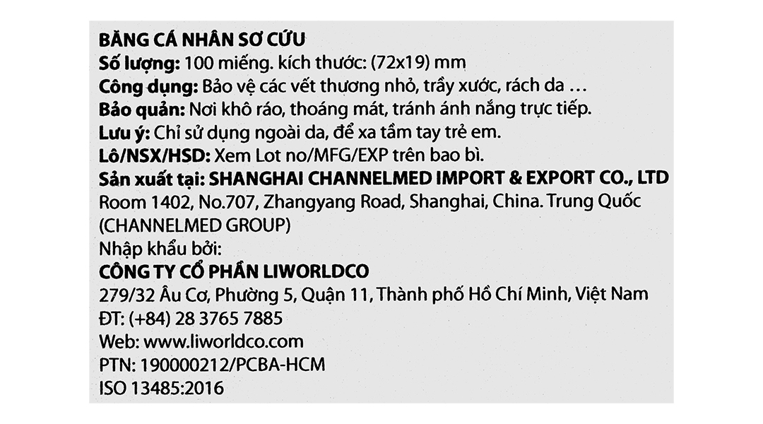 Băng cá nhân sơ cứu Liworldco (72 x 19mm)