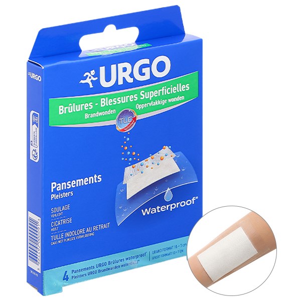 Băng cá nhân chống thấm nước Urgo Brulures Waterproof (10 x 7cm) hộp 4 miếng