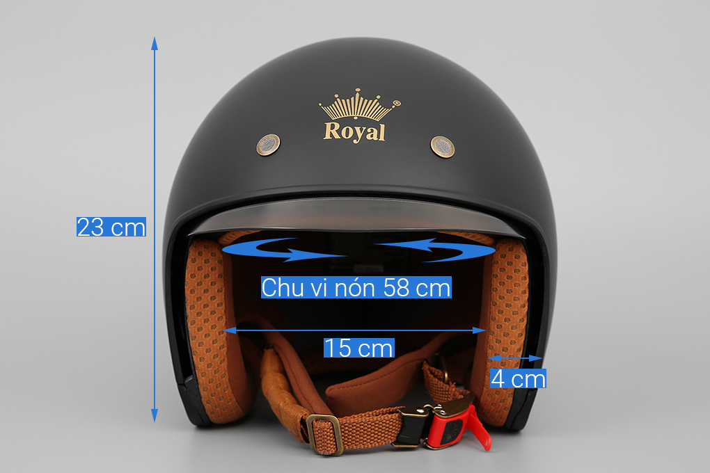 Mũ 3/4 size XL Royal M139 đen