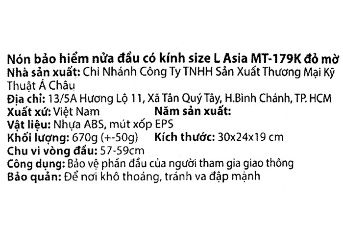 Mũ 1/2 size L Asia MT-179K đỏ Màu Đỏ