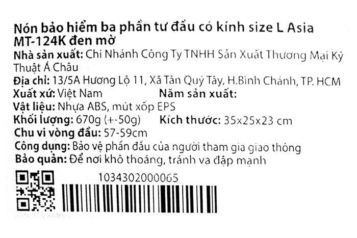 Mũ 3/4 size L Asia MT-124K đen Màu Đen