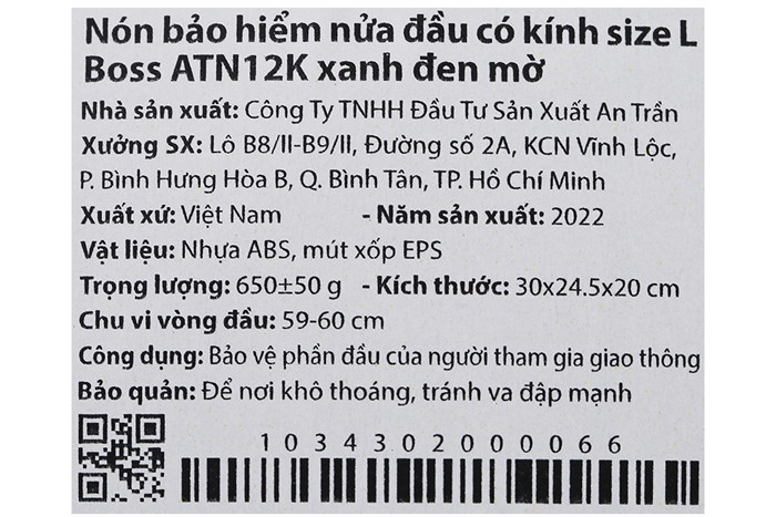 Mũ 1/2 size L Boss ATN12K xanh đen Màu Xanh đen