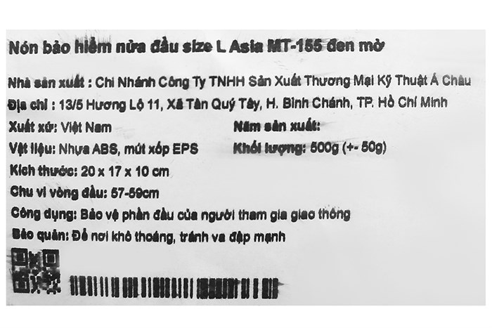 Mũ 1/2 size L Asia MT-155 đen mờ Màu Đen