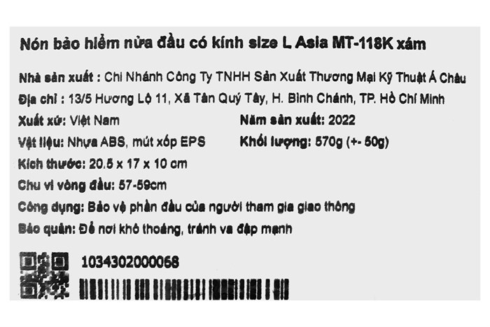 Mũ 1/2 size L Asia MT-118K xám Màu Xám