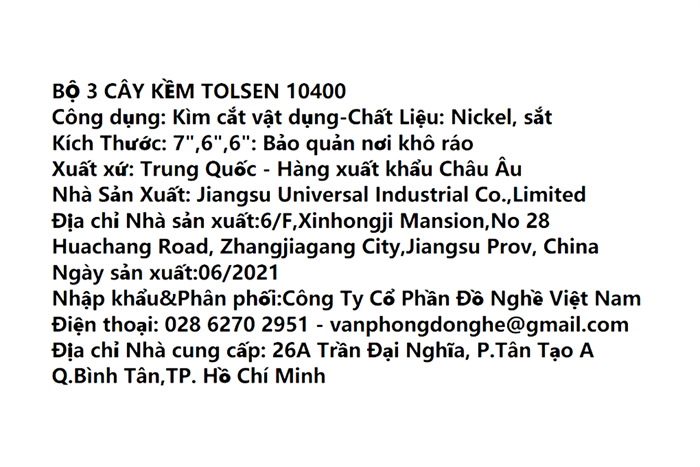 Bộ 3 kìm răng - cắt - nhọn Tolsen 10400