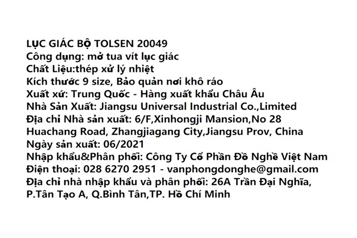 Bộ chìa lục giác dài 1.5-10 mm Tolsen 20049 (9 chi tiết)