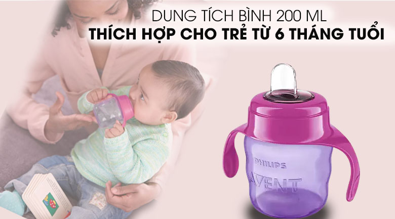 Dung tích 200ml thích hợp trẻ 6 tháng tuổi - Bình tập uống Philips Avent SCF551/03 200ml Hồng