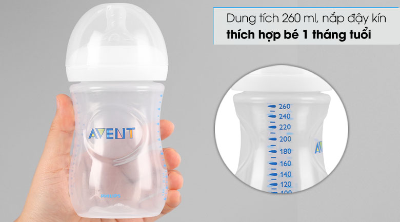 Bình sữa có dung tích 260 ml, thích hợp cho bé 1 tháng tuổi bú sữa, nước.