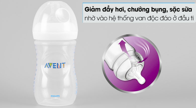 Hệ thống van độc đáo giảm đầy hơi, chướng bụng hay sặc sữa - Bình sữa Philips Avent nhựa PP SCF693/13 260ml.