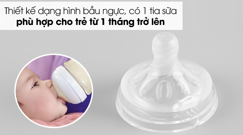 Núm ti silicone Philips Avent cho trẻ từ 1 tháng tuổi SCF652/23 - Thiết kế dạng hình bầu ngực, mô phỏng ngực mẹ tự nhiên