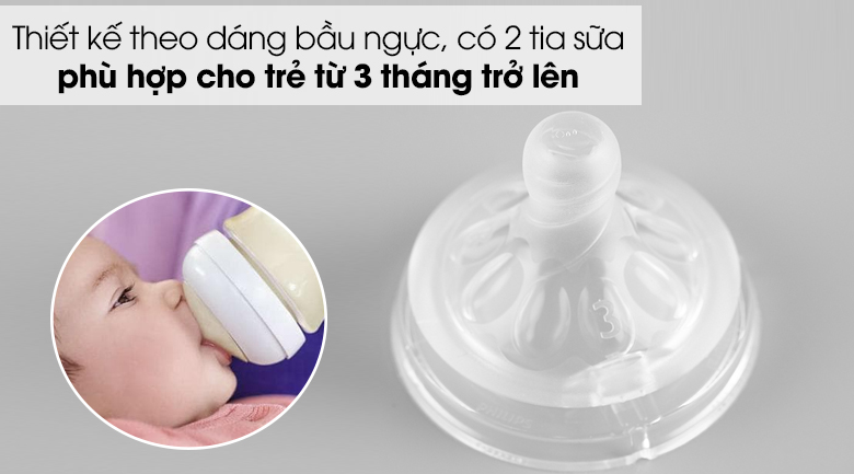 Núm ti silicone Philips Avent cho trẻ từ 3 tháng tuổi SCF653/23 - Có 2 tia, thích hợp cho trẻ sơ sinh từ 3 tháng tuổi trở lên