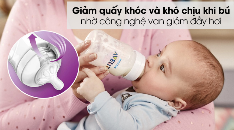Núm ti silicone Philips Avent cho trẻ từ 3 tháng tuổi SCF653/23 - Giảm quấy khóc và khó chịu với công nghệ van giảm hơi