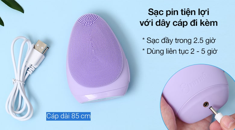 Máy rửa mặt Emmié Facial Cleansing Brush Purple Don sử dụng pin sạc tiện lợi, cho thời gian sử dụng lên đến 5 giờ