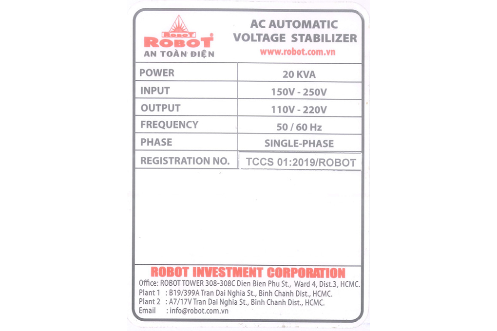 Ổn áp Robot 1 pha 20KVA 150 Màu Xám