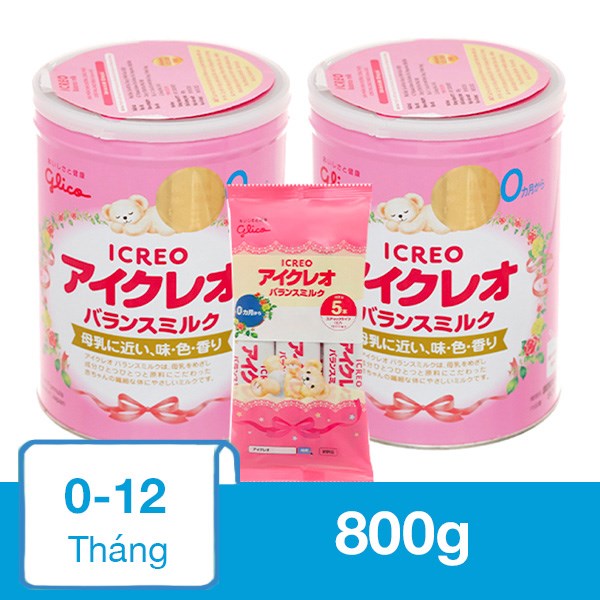 Combo 2 hộp sữa bột Glico Icreo số 0 800g (0 – 12 tháng) – kèm 5 thanh số 0