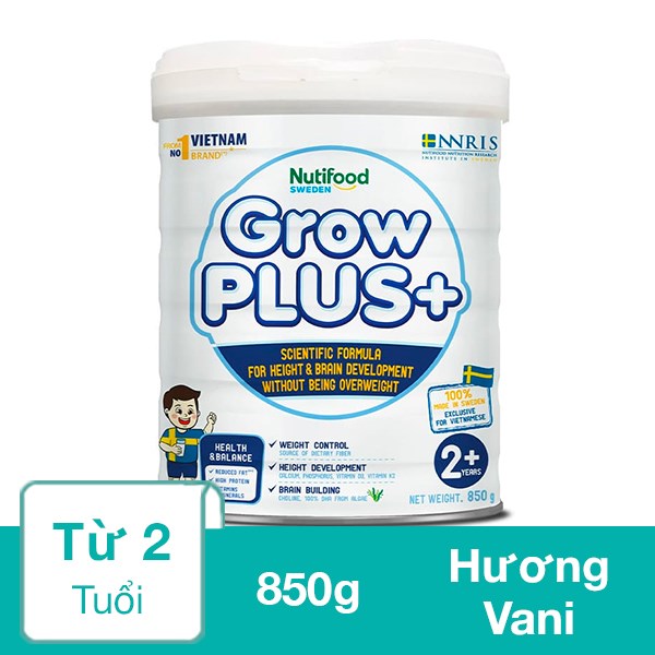 Sữa bột Nutifood GrowPLUS+ trắng hương vani 850g (từ 2 tuổi)