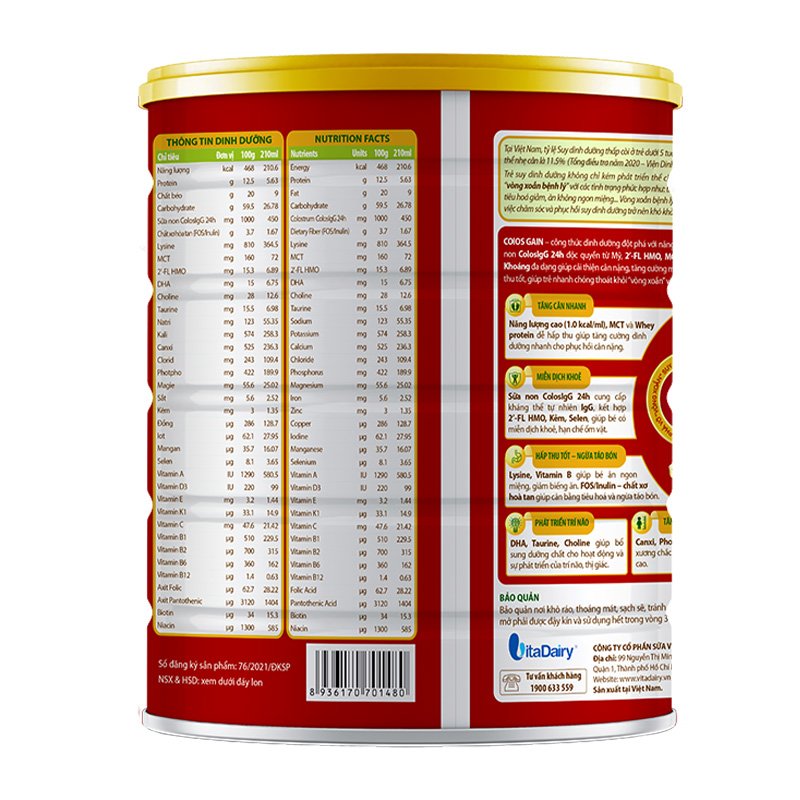 Sữa bột Colos Gain 0+ (sữa non) hương vani 800g (0 - 12 tháng) - Giao ngẫu nhiên 7