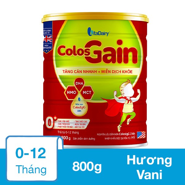 Sữa Bột Colos Gain 0+ (Sữa Non) Hương Vani 800G (0 - 12 Tháng)