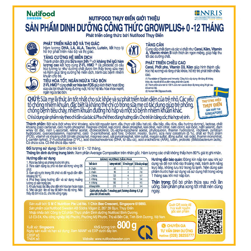 Sữa bột Nutifood GrowPLUS+ vàng 0+ (sữa non) hương vani 800g (0 - 12 tháng) 6