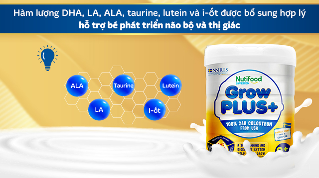 Phát triển não bộ - Sữa bột Nutifood GrowPLUS+ vàng (sữa non) hương vani 800g (0 - 12 tháng)
