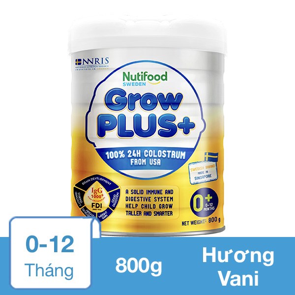 Sữa bột Nutifood GrowPLUS+ vàng (sữa non) hương vani 800g (0 – 12 tháng)