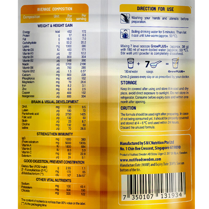 Sữa bột Nutifood GrowPLUS+ vàng 1+ (sữa non) hương vani 800g (từ 1 tuổi) 4