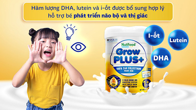 Não bộ - Sữa bột Nutifood GrowPLUS+ vàng (sữa non) hương vani 800g (từ 1 tuổi)