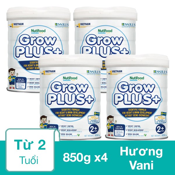 Combo 4 hộp sữa bột Nutifood GrowPLUS+ trắng hương vani 850g (từ 2 tuổi)