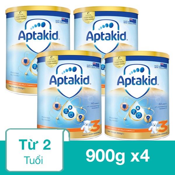 Combo 4 hộp sữa bột Aptakid Growing Up Milk Formula số 3 900g (từ 2 tuổi)