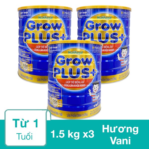 Combo 3 hộp sữa bột Nutifood GrowPLUS+ xanh hương vani 1.5 kg (từ 1 tuổi)