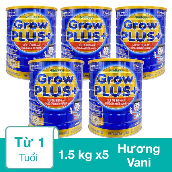 Combo 5 hộp sữa bột Nutifood GrowPLUS+ xanh hương vani 1.5 kg (từ 1 tuổi)