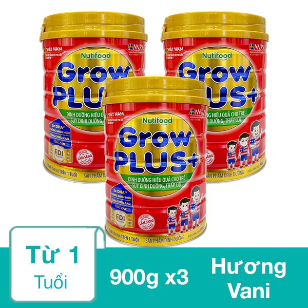 Combo 3 hộp sữa bột Nutifood GrowPLUS+ đỏ hương vani 900g (từ 1 tuổi)