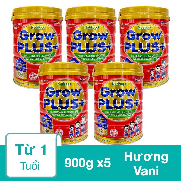 Combo 5 hộp sữa bột Nutifood GrowPLUS+ đỏ hương vani 900g (từ 1 tuổi)