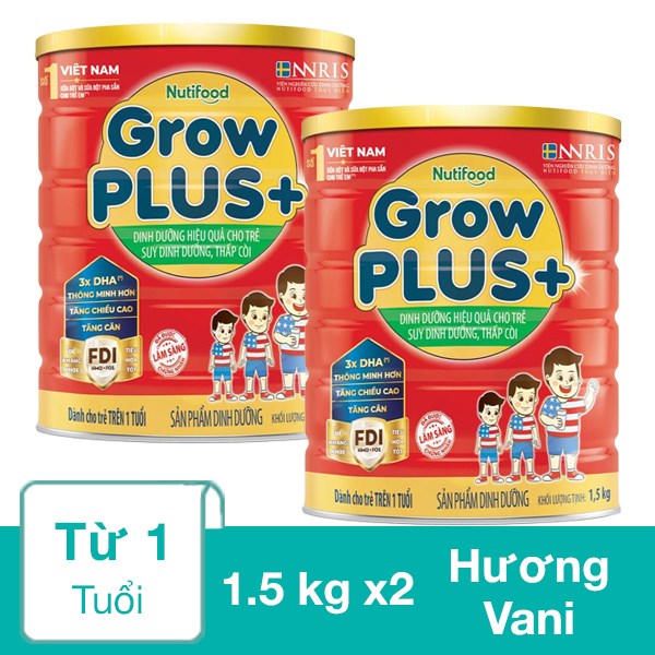 Combo 2 hộp sữa bột Nutifood GrowPLUS+ đỏ hương vani 1.5 kg (từ 1 tuổi)