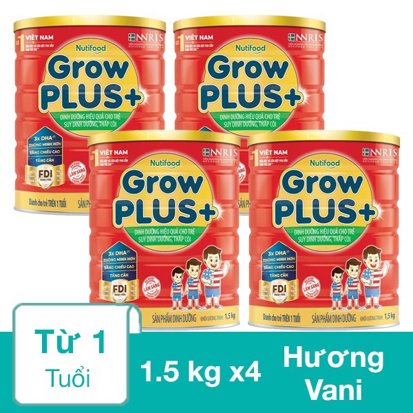 Combo 4 hộp sữa bột Nutifood GrowPLUS+ đỏ hương vani 1.5 kg (từ 1 tuổi)